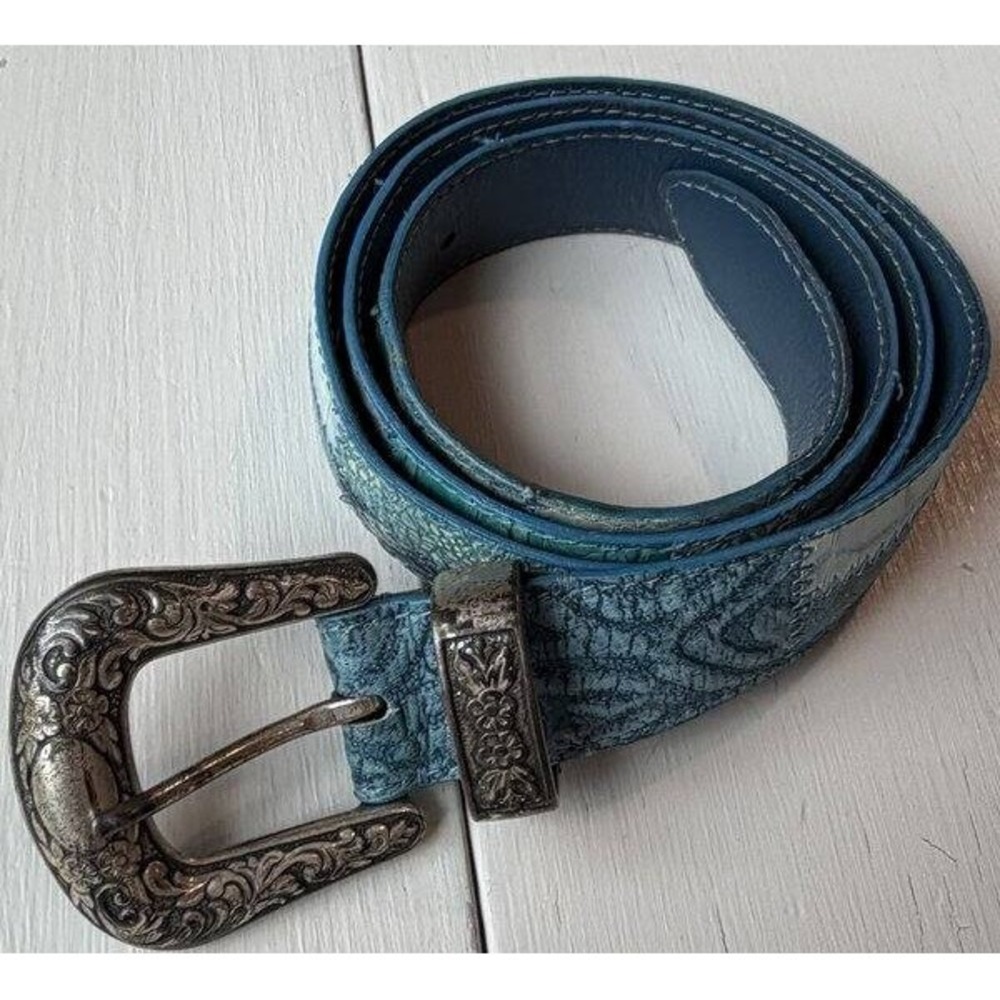 Vtg Nanni Turquoise Blue Patchwork Leather Metallic Belt Brass Buckle Length 40"